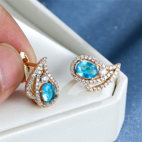 Charm Gold Color Hoop Earrings Aqua Blue Oval Zircon Wedding Earrings Water Drop Crystal Small Stone Earrings For Women Jewelry