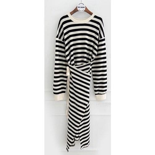 Zoki Korean Tunic Women Maxi Dress Spring High Waist Lace Up Fashion Long Sleeve Striped Streetwear O Neck Female Party Vestidos