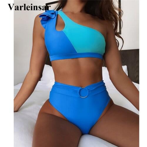 Sexy Ruffled One Shoulder Female Swimsuit High Waist Bikini Women Swimwear Two-pieces Bikini set Bather Bathing Suit Swim V3155