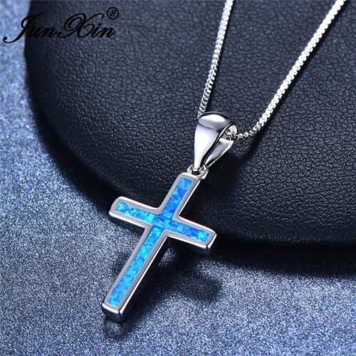Silver Color White Blue Fire Opal Necklace Cross Pendants For Women Men Rainbow Birthstone Wedding Choker Party Jewelry Gifts