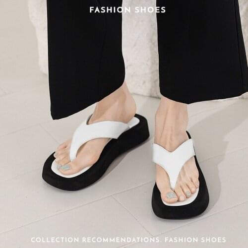 Big size 41 cow leather thick bottom flip flops women brand designer clip toe slippers ladies platform sandal slides beach shoes