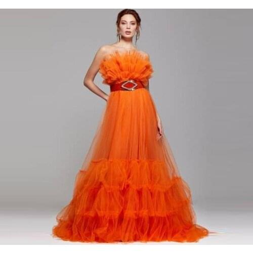 Modest Tulle A-line Wedding Guest Party Dresses Illusion Back Ruffles Flounce Bottom Long Prom Gowns Buttons