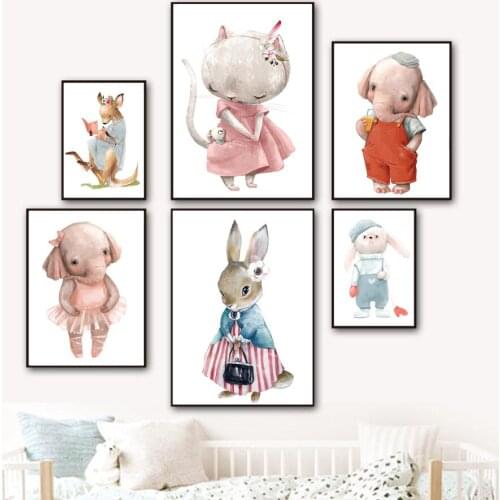 Elephant Rabbit Balloon Cat Mouse Kangaroo Flower Hat Wall Art Canvas Painting Nordic Posters And Prints Wall Pictures Kids Room