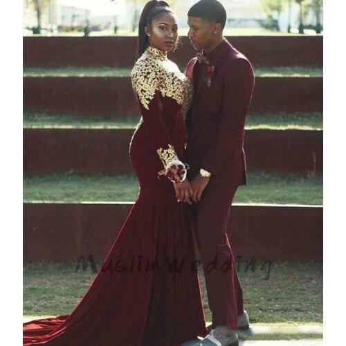 Dark Red Velvet Evening Dresses For Black Girls High Neck Gold Applique Mermaid Prom Dress Long Sleeve Plus Size Open Front Gown