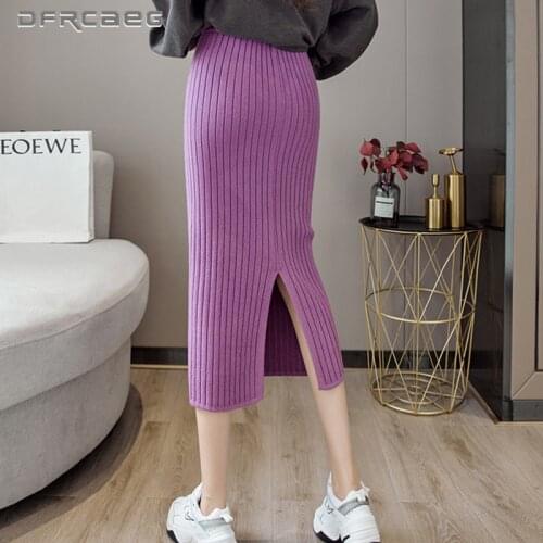 Yellow Autumn Winter Thicken Knitted Pencil Long Skirts Woman 2021 Elastic Wasit Slim Split Casual Knitting Straight Skirt Femme