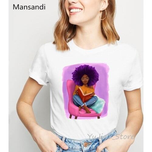 Women clothes 2019 vogue purple curly hair black girl reading book t shirt femme Melanin shirt korean streetwear female t-shirt