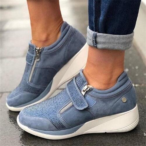 Women Spring Crystal Sneakers Womens Wedge Platform Hook Loop Ladies Zip Casual Woman Vulcanized Comfort Female Fashion 35-43