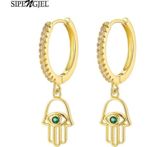 SIPENGJEL Fashion Cubic Zircon Palm Green Stone Earrings Gold And Silver Color Gold Hoop Earrings For Women Korean Jewelry 2020