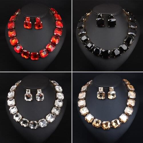 Crystal Stone Gem Jewelry Sets Fashion Women Luxuty Rhinestone Necklace Earrings Statement Bib Choker Bridal Wedding Party Gifts
