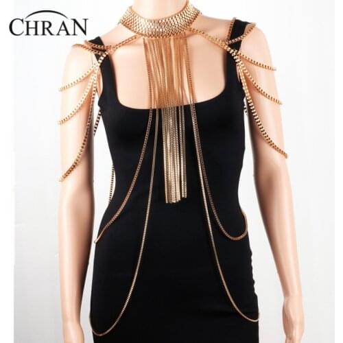 Chran Sexy Body Armor Big Scarf Pendant Ladies Bib Shoulder Choker Necklace Gold Silver Plated Harness Slave Box Chain Jewelry