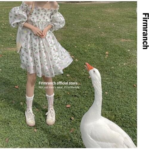 Firmranch French Style Off Shoulder One-piece Dress 2021 For Women Bubble Sleeve Sweet Girls Dress Retro Flower/ Floral Skirt