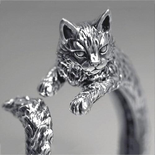 Vintage Cat Rings For Women Silver Color Cute Pet Animal Adjustable Personality Witch Womens Ring Female Jewelry Gift Party