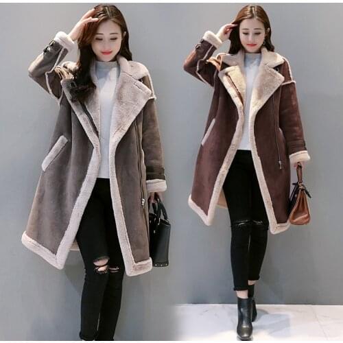 FNOCE 2020 winter new womens Suede plus velvet coat fashion casual elegant long sleeve zipper thickened slim X-Long coat jacket