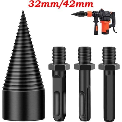 4pcs/Set 32mm/42mm Firewood Splitting Drill Bit with Round Square Hexagonal Handle Woodworking DIY HSS Wood Cutting Bit Tools