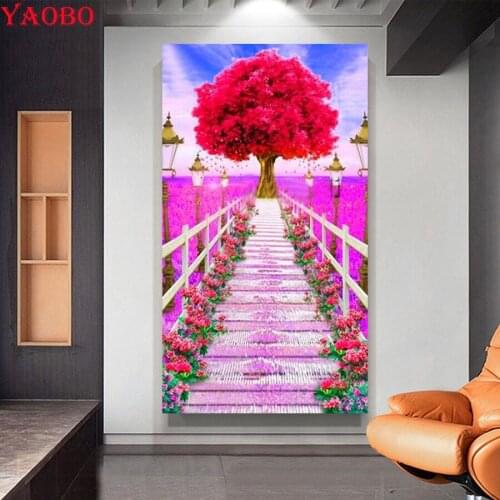 Large size 5D Round Diamond Painting Romantic pink tree flower wood bridge Full Square Embroidery Mosaic Cross Stitch Handmade