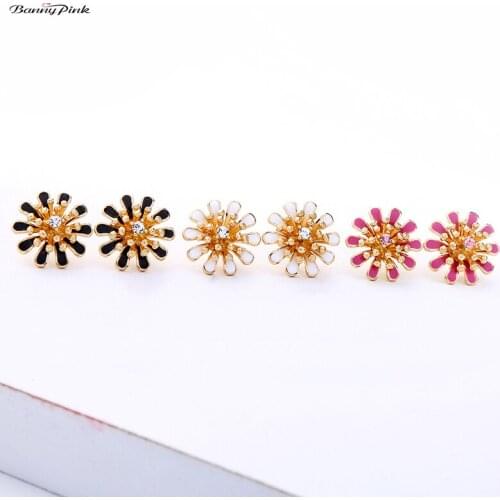 Banny Pink Cute White Pink Black Enamel Flower Stud Earrings For Women Blomming Wedding Post Earring Girls Birthday Gift Brincos