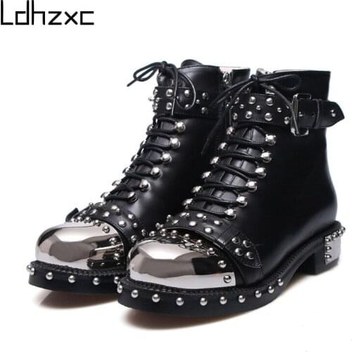LDHZXC Punk Genuine Leather ankle Boots Women Rivets Square Heels Autumn Winter Boots Sexy Shoes Woman Motorcycle Snow Boots