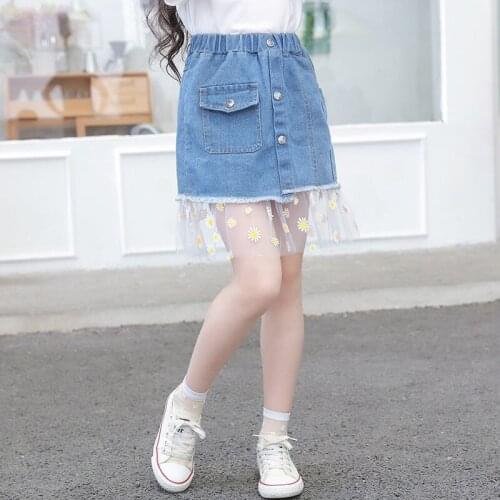2021 Fashion Sexy Casual Girl Jean Skirt Kids Children Layered Mesh Tulle Ruffly Denim Skirt Four Seasons Teenage Girl Clothes