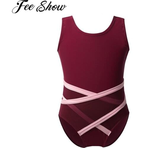 FEESHOW Ballet Dance Teen Leotard Gymnastics Bodysuit Kid Girls Sleeveless U-Shaped Leotard Jumpsuit Stage Performance Dancewear