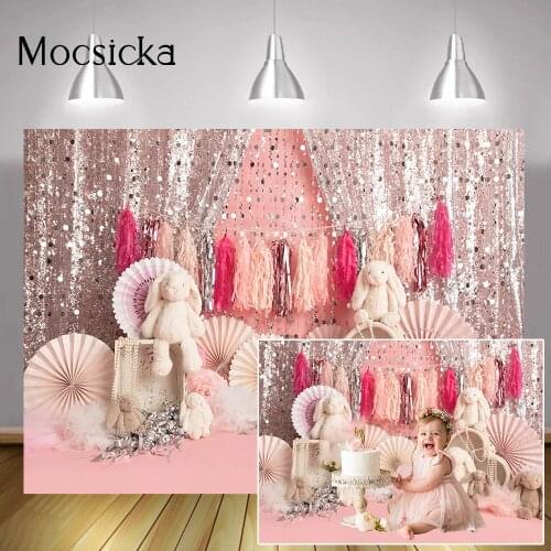 Newborn Sweet Baby Birthday Cake Smash Backdrop Rabbit Toys Sliver Glitter Children Portrait Pink Background Paper Flowers Photo