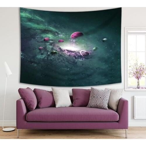 Tapestry Planets Solar System of Stars and Nebula Magical Universe Futuristic Artwork Printed Purple Green Gray