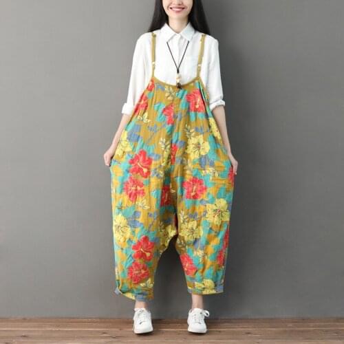 Ladies Plus Size Printed Thin Jumpsuits Vintage Cute Baggy Bib Overalls hip hop streetwear Suspenders Drop Crotch Bloomers YT727