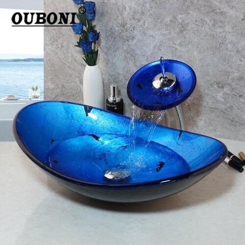 OUBONI Blue Hand-painting Bathroom Washbasin Countertop Tempered Glass Basin Sink Faucet Set Waterfall Faucet Vessel Vanity Bar