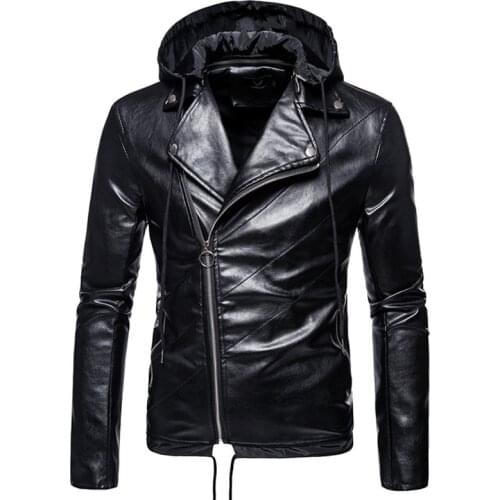 Autumn Casual Motor Hooded Faux Leather Jackets Coat Men Fashion Punk Style Black Leather Jacket Men Zipper Outwear
