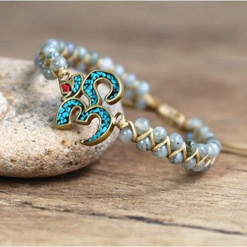 Labradorite Buddha OM Charm Bracelet Handmade DIY Jewelry OM Yoga Mala Beaded Braided Charm Wrap Bracelet Friendship Gift