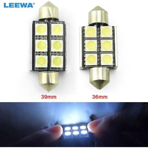 LEEWA 50pcs White 36mm 39mm No Error Canbus 6-LED 5050SMD Car Reading Light Festoon Dome LED Light Bulbs #CA2626