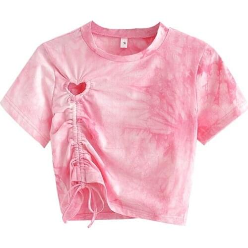 Summer Womens Pink Tie-Dye T-shirt Heart-shaped Hollow Bandage Design Short Top New Product 2021