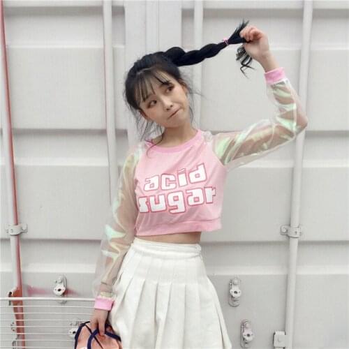 Cute Womens Colorful Net Yarn Sleeve Hoodie Letters Printing Fresh Loose Summer Short Sweatshirt Sweet Girl T-shirt Tops Dance