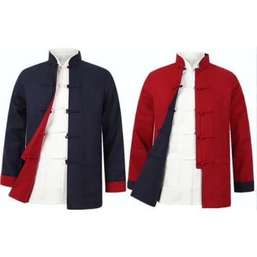 Men reversible Tang suits male Martial arts uniforms kung fu two-sides jacket wing chun coat tai chi clothing blue+red