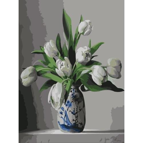 GATYZTORY White Tulip DIY Painting By Numbers Home Wall Art Picture Paint By Numbers Calligraphy Painting 60x75cm Artwork