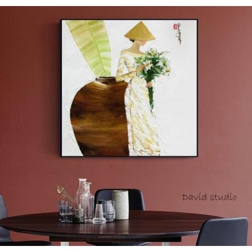 Pure Handmade Knife Painting Abstract Art Ladies Lily with Flowers Vietnamese Art for Living Room Wall Decoration