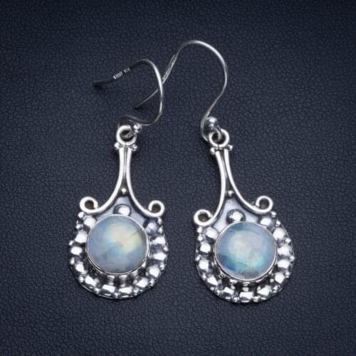Natural Rainbow Moonstone Boho Style 925 Sterling Silver Drop Earrings 1 1/2" R1714