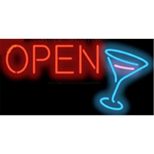 Open with Cocktail Glass NEON SIGN REAL GLASS BEER BAR PUB LIGHT SIGNS store display Bulbs bar drink Advertising Lights 17*14"