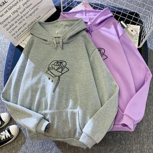 New Style for Autumn and Winter Candy-Colored Sweatshirt Black Rose Printed Pattern All-match Cool Men and Women Hooded