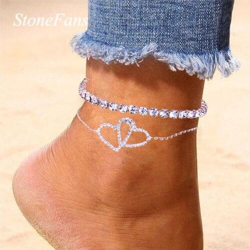 Stonefans 2Pcs/Set Double Love Rhinestone Heart Anklet for Women Summer Accessories Tennis Ankle Bracelet Leg Chain Foot Jewelry
