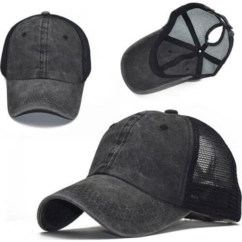 Hot Adjustable Women High Bun Ponytail Tennis Cap Washed Horsetail Trough Mesh Baseball Cap Outdoor Sport Sunhat Female Hole Hat