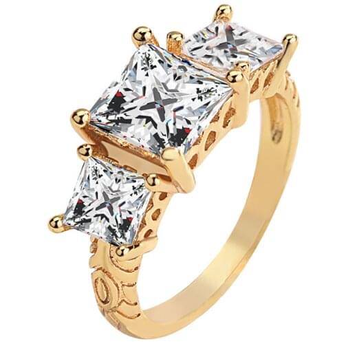 Simple Gold Color Engraving Pattern Inlaid Cubic Zircon Crystal Rhinestone Ring for Women Wedding Jewelry Female Accessories