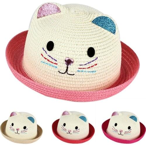 Cute Cat Ear Baby Hat Cartoon Kids Baby Girl Sun Hat Summer Girls Straw Panama Hat Children Beach Bucket Cap Casquette Enfant