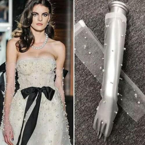 2020 Tulle Bridal Gloves Pear Beaded Long Elbow Fingerless Women Wedding Party Gloves Accessories