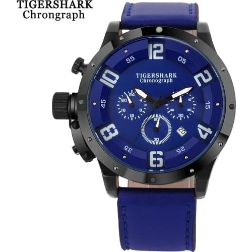 TIGERSHARK Men Sport Watches Quartz Watch Top Brand Chronograph Leather Strap Waterproof Wristwatches With Box Relogio Masculino