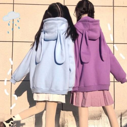 Cute Ear Hoodie Streetwear Hip Hop Women Solid Sweatshirts Casual Autumn Japanese Rabbit Tops Kawaii Funny Amine Hoodie Femme