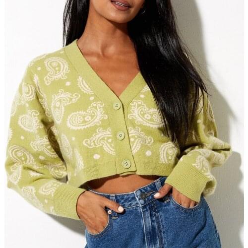 Print Knitted Ladies Sweater V-neck Long Sleeve Button Cardigan For Women Office Lady 2021 Autumn Sexy Elegant Crop Top Female