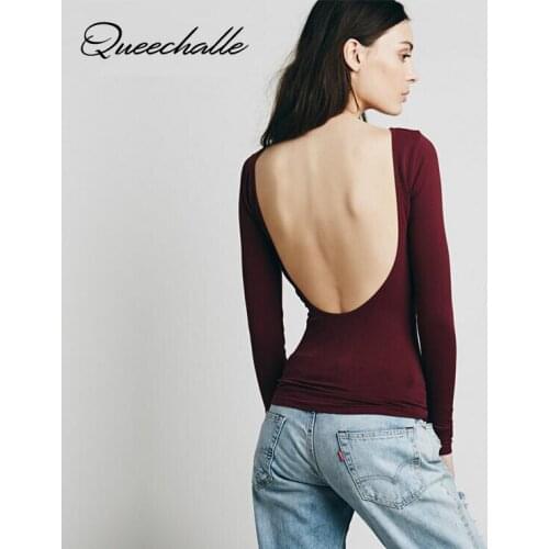 Queechalle Sexy U-type Backless T-shirts for Women 2020 Spring Autumn O Neck Long Sleeve Casual Female T-shirt Wine Women Tops