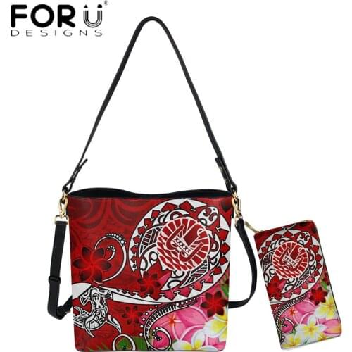 FORUDESIGNS Tahiti Polynesian Turtle Plumeria Red Color Print Women Vintage Shoulder Bag And Wallets Set Crossbody Bolsa Femme