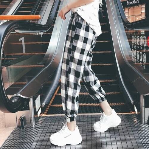 Korean Style Women Mid Waist Straight Plaid Print Ankle-Length Pants Drawstring Loose Pockets Trousers Female 2019 Autumn Girls