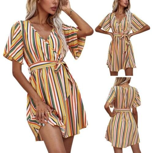 Womens Dress European And American Style Summer New Waist Short-Sleeves Deep V-neck Tie Slim Vertical Stripe Knee-length Dress